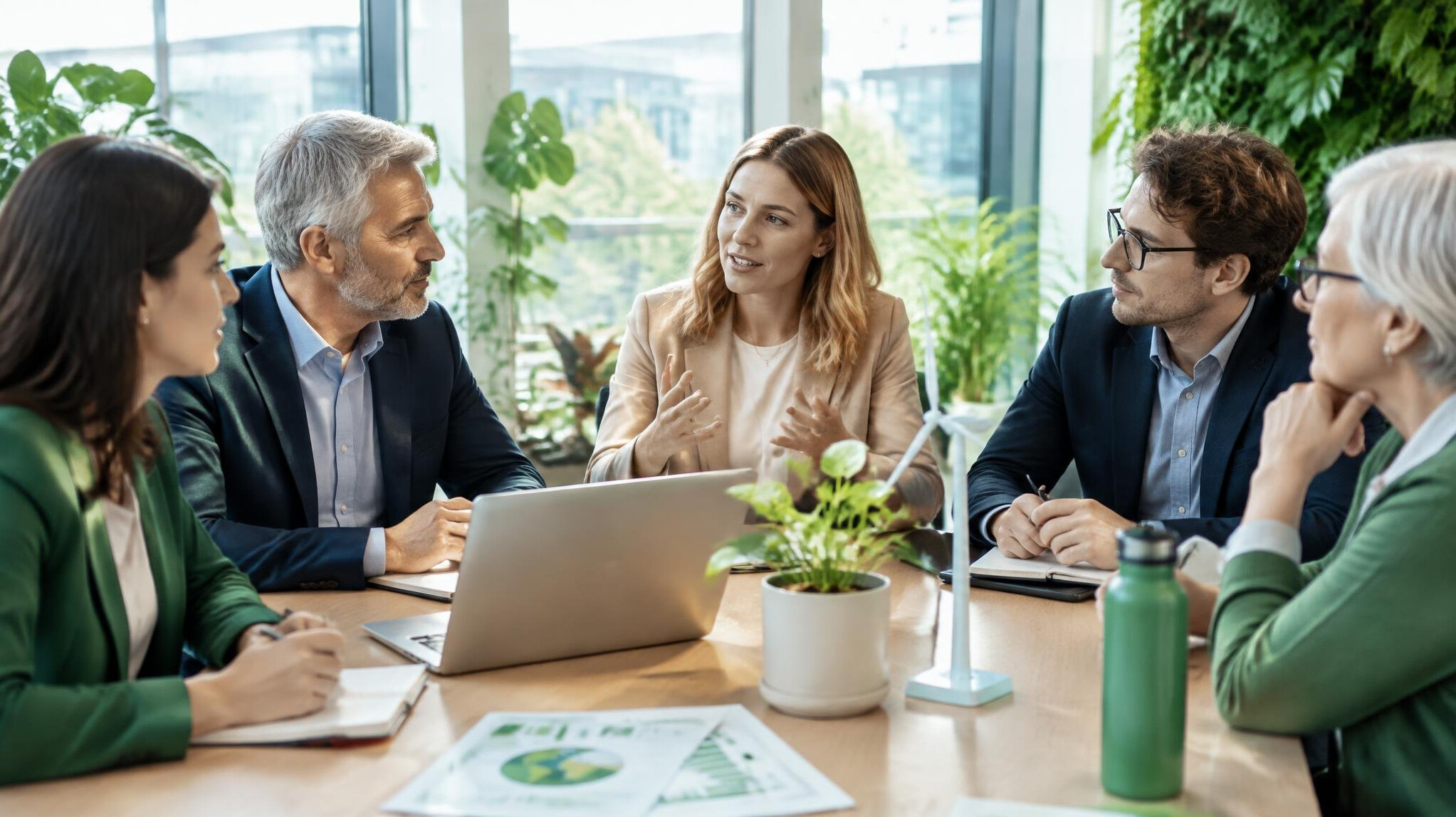 Business people discussing sustainability plans near green plants