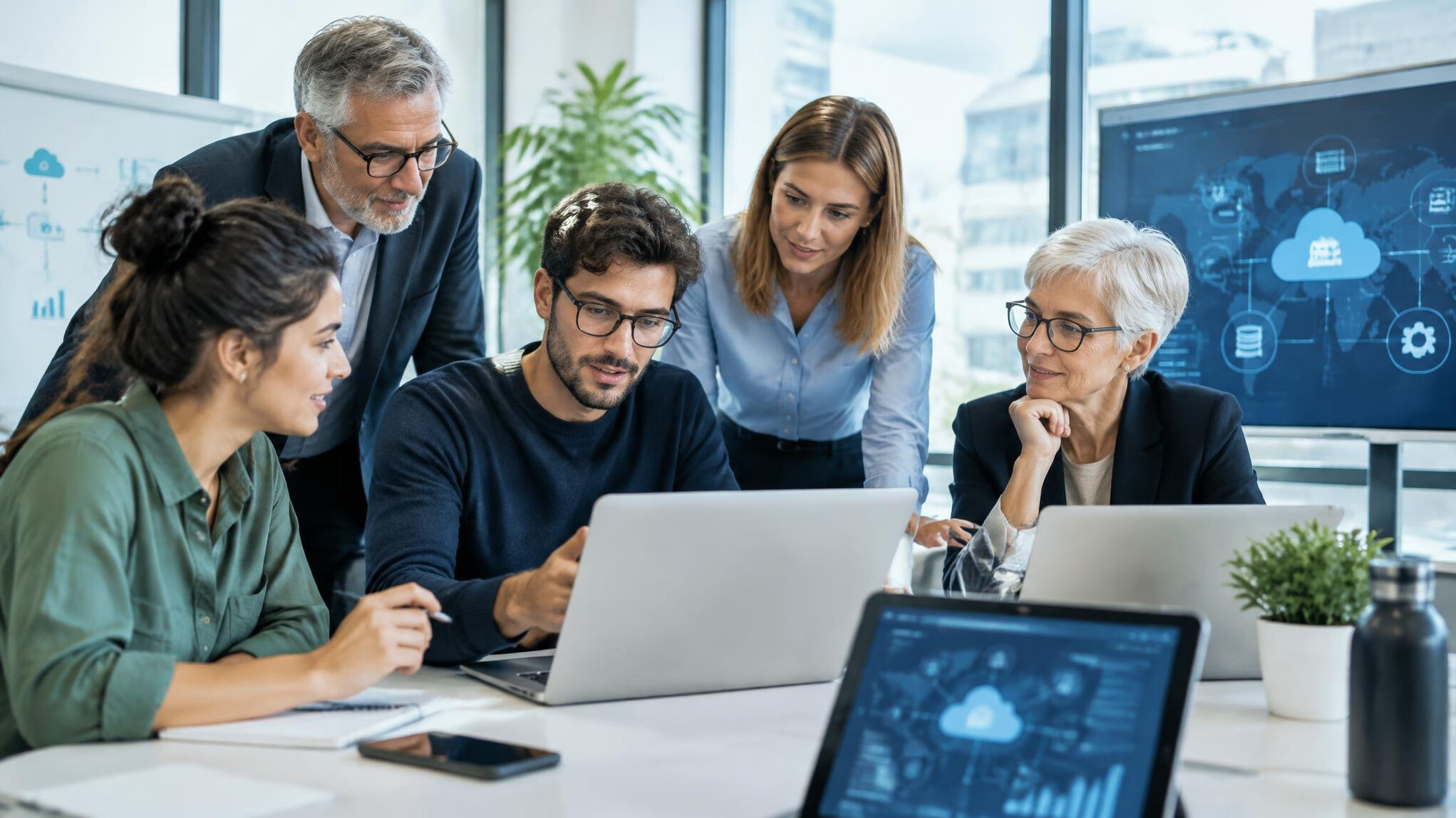 Team of colleagues working together on laptops in a digital workspace