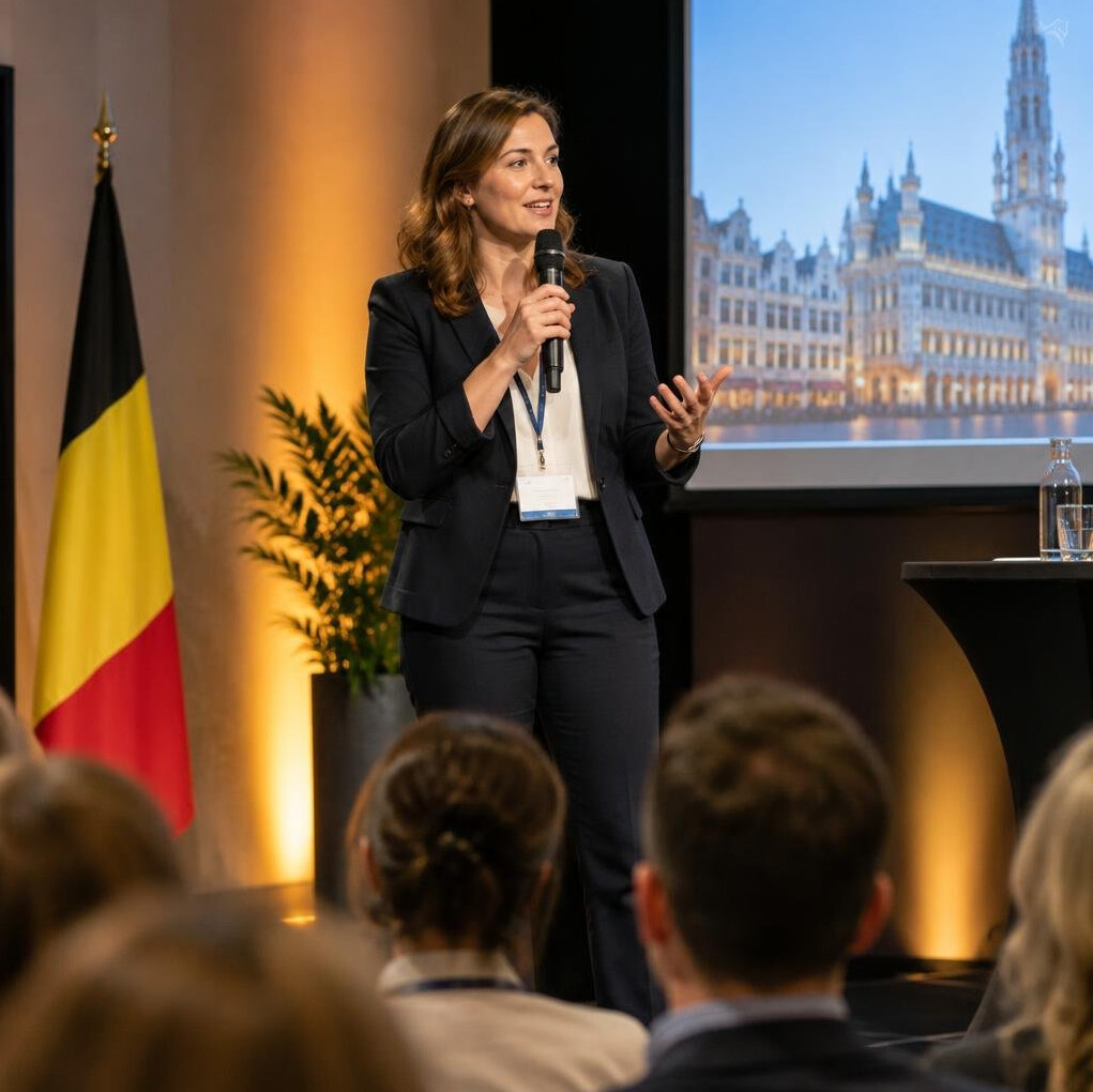 Speaker presenting on stage during a conference session