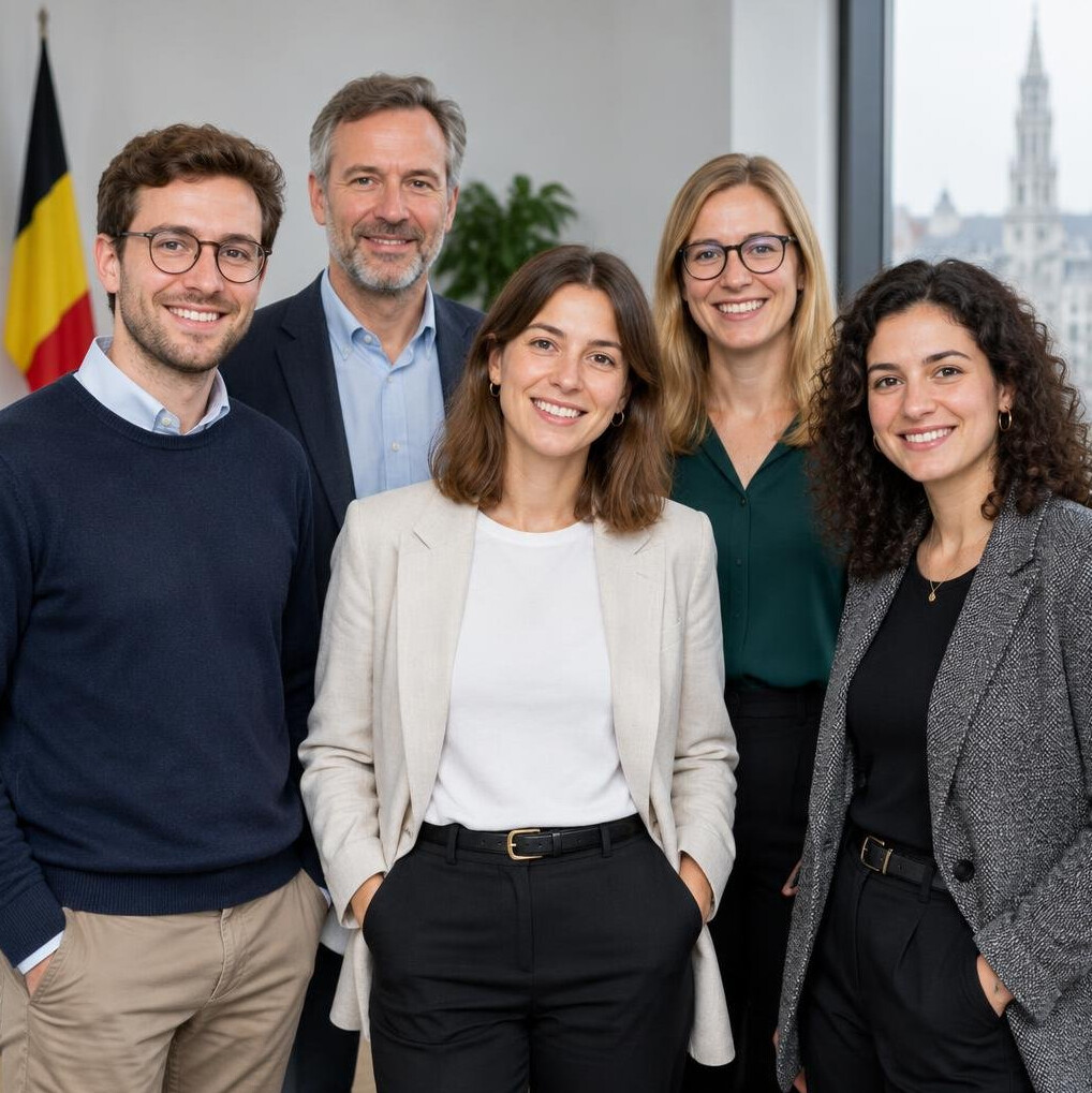 Group of diverse professionals posing together in an office